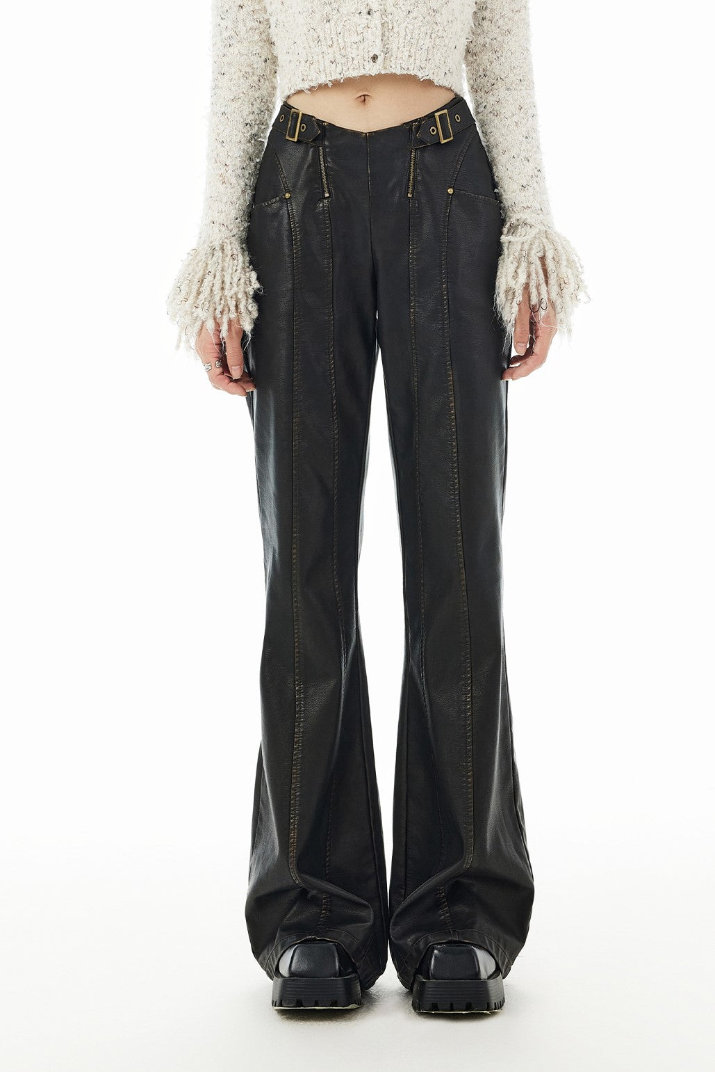 Hem design flared leather pants