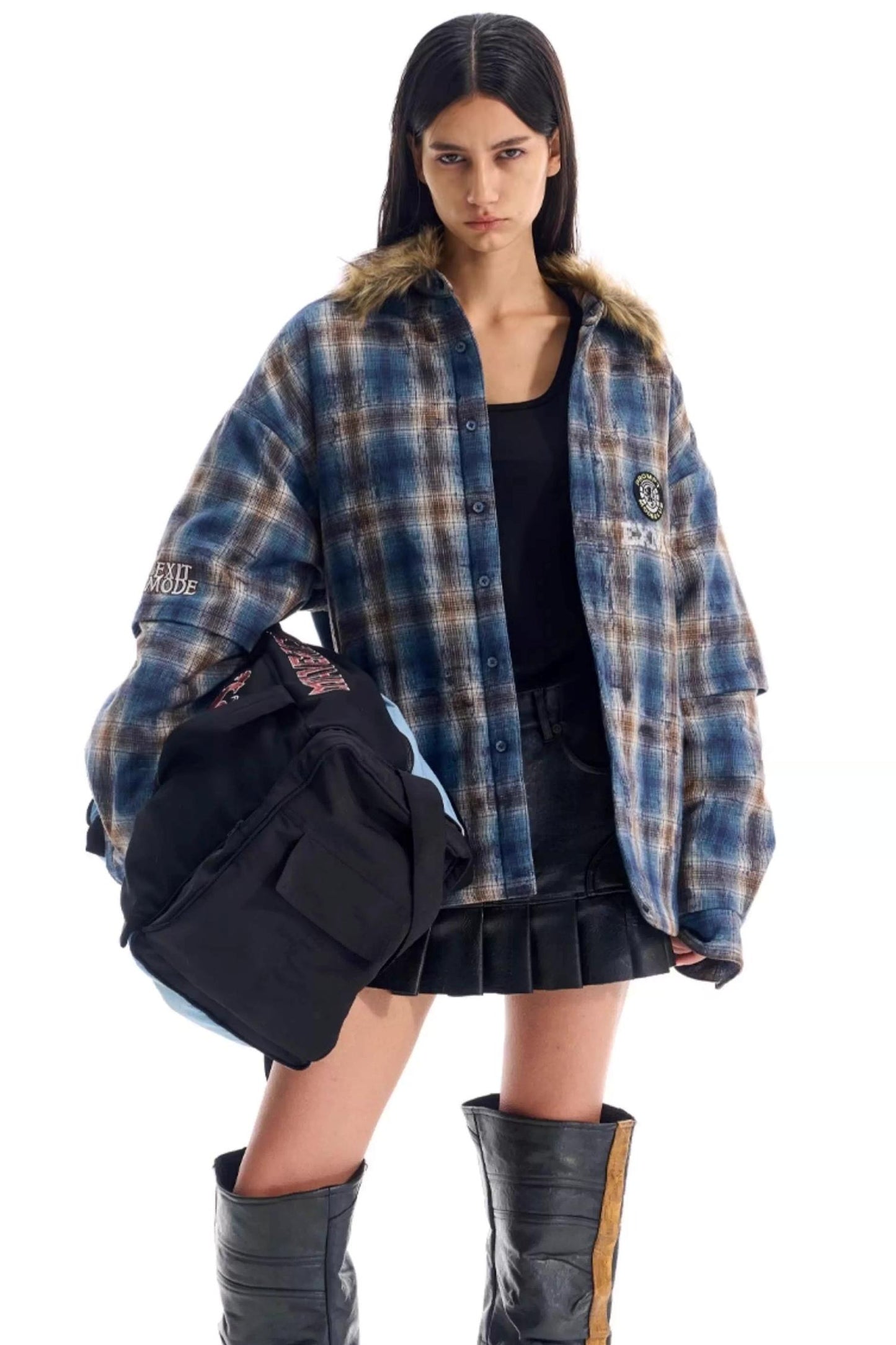 Embroidered Plaid Fur Collar Jacket