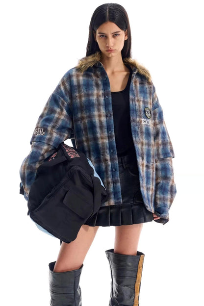 Embroidered Plaid Fur Collar Jacket