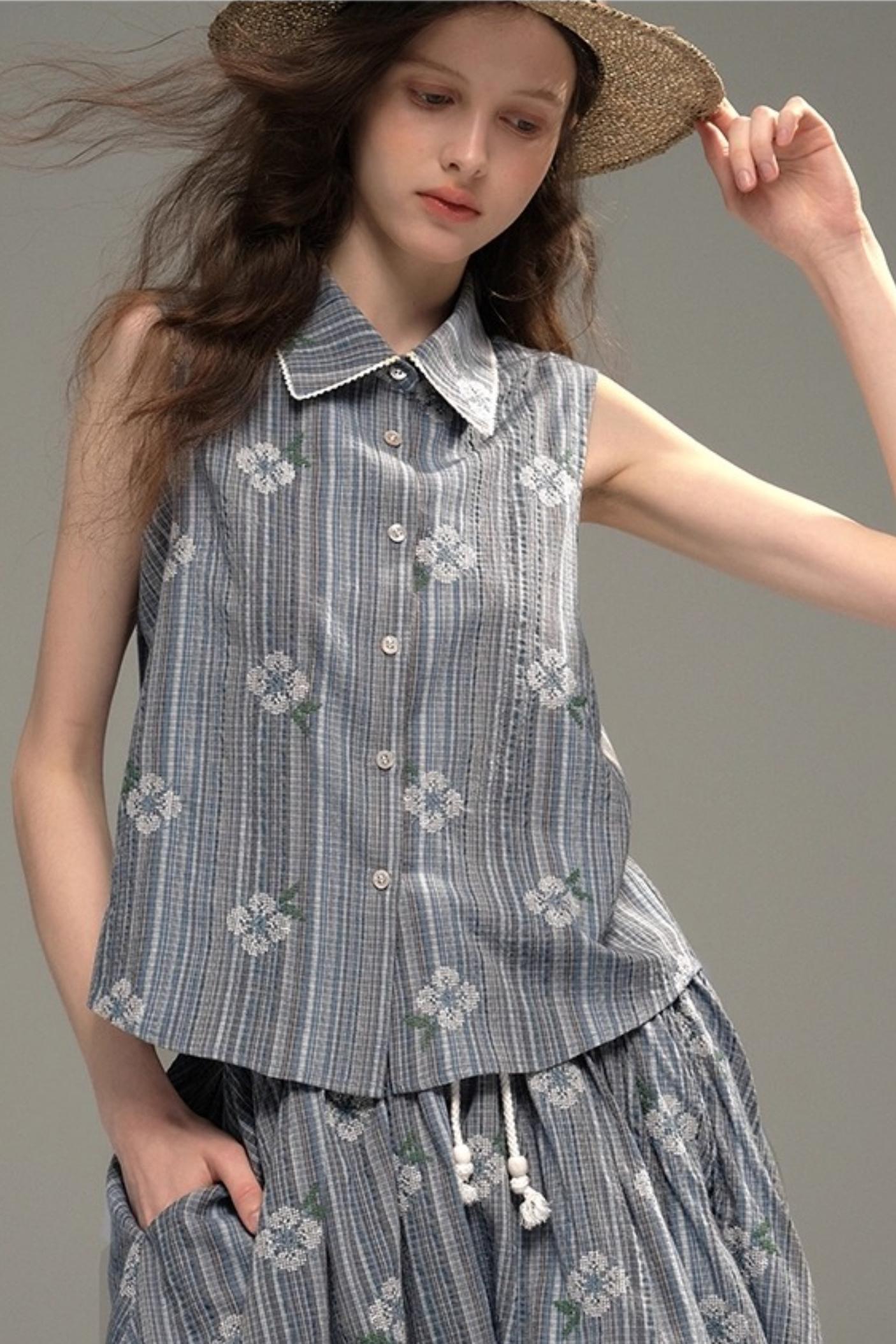 Flower Stitch Vest Skirt Set-Up