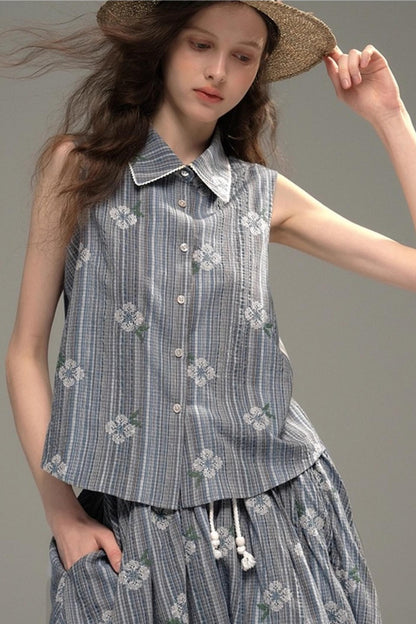 Flower Stitch Vest Skirt Set-Up