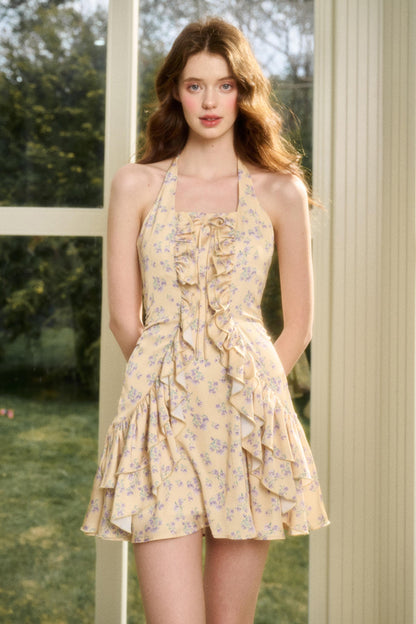 Lemon Sea & Iris Lace Halter Satin Dress