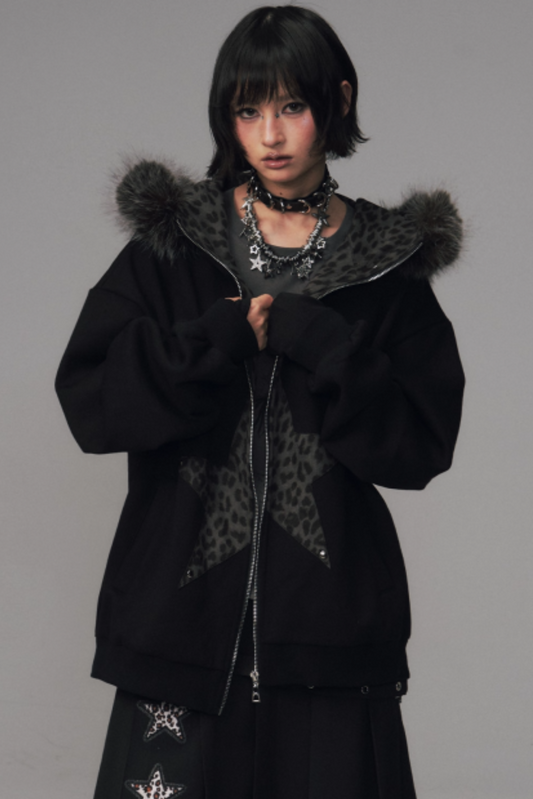 Cat-Ear Leopard Hooded Jacket