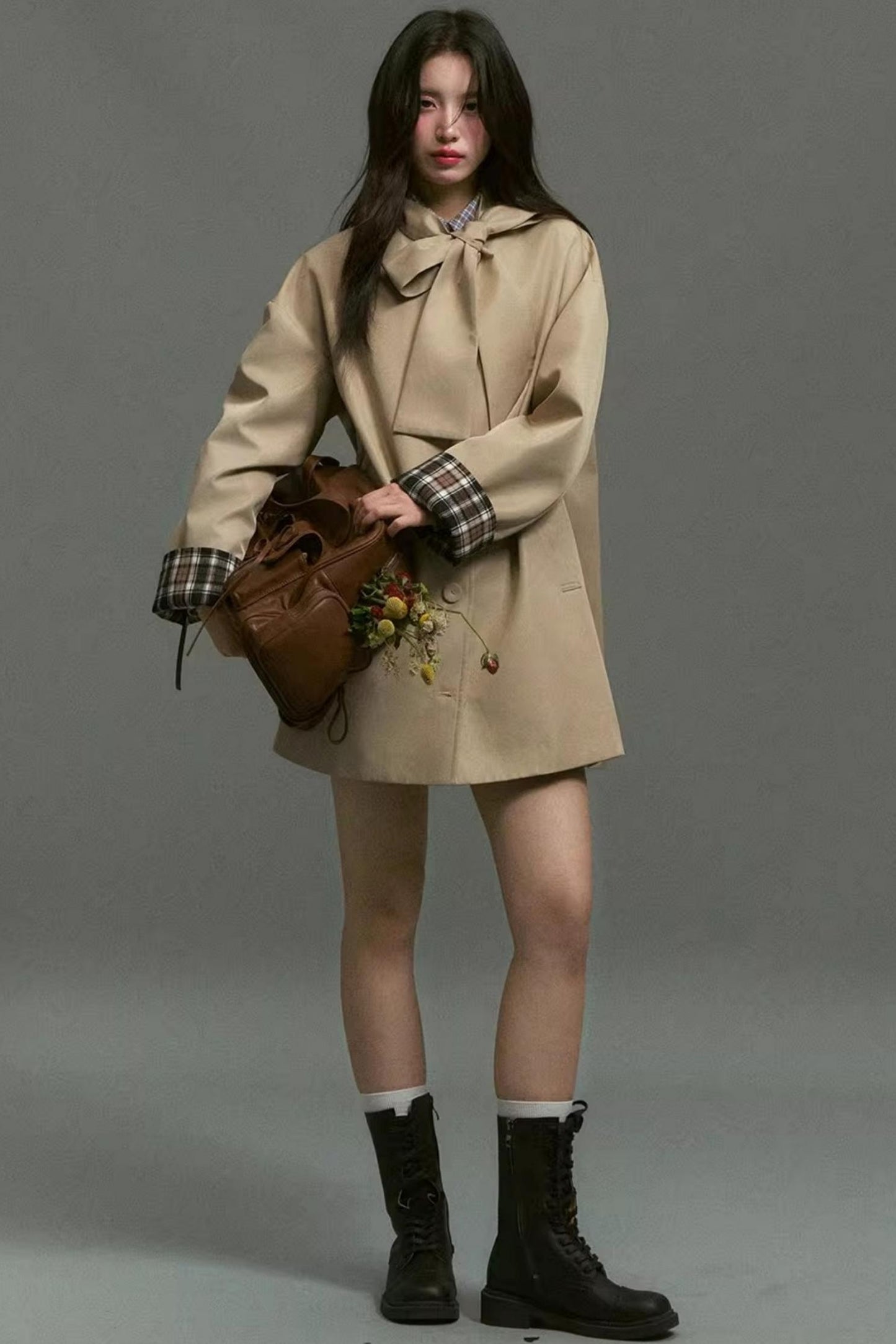 Vintage Bow Plaid Trench Coat