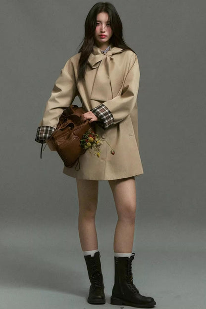 Vintage Bow Plaid Trench Coat