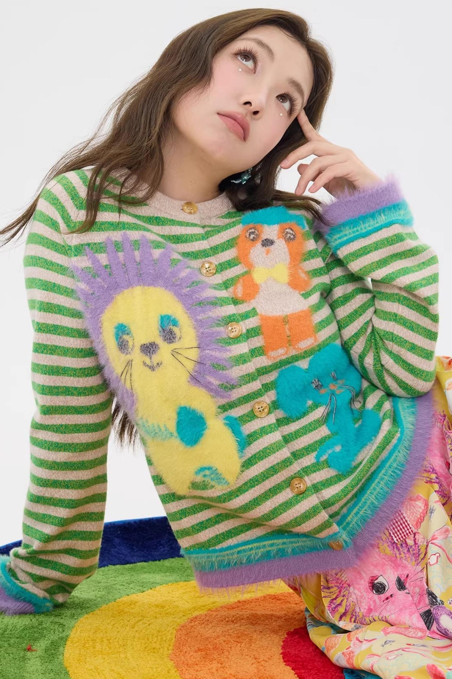 Striped Cartoon Doll Cardigan Top