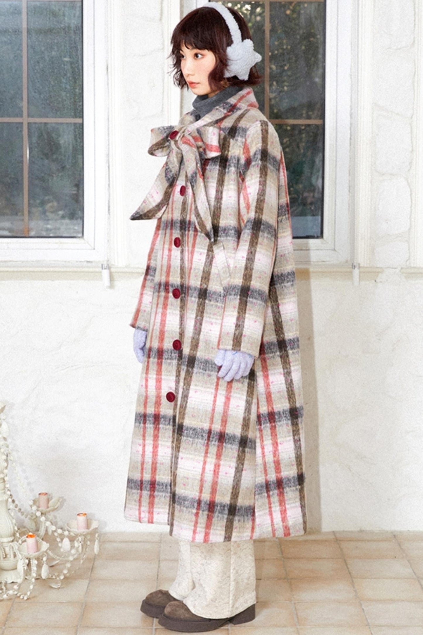 Elegant Bow Tartan Coat