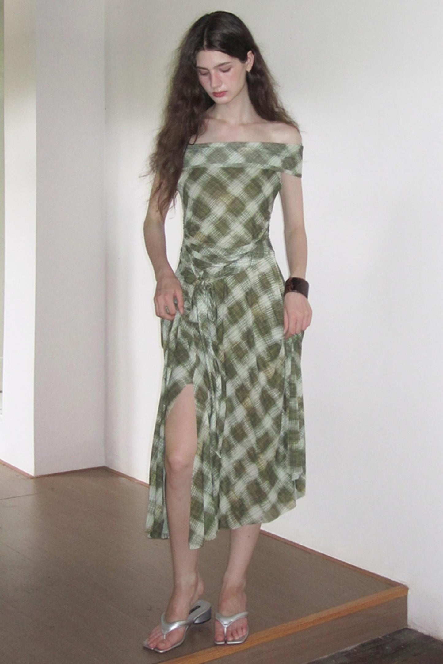 Mesh Check One-Shoulder Dress