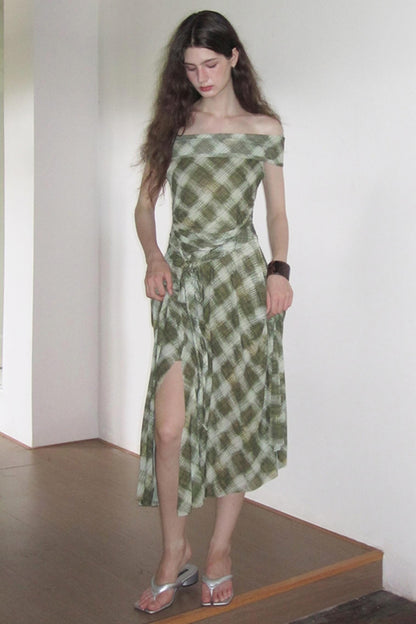 Mesh Check One-Shoulder Dress