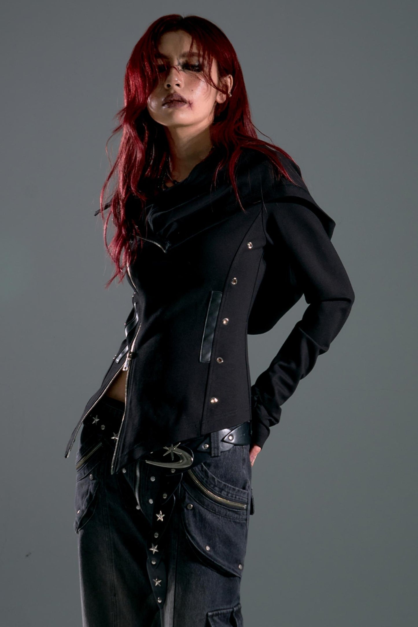 Hooded Asymmetrical Zip Knit Top