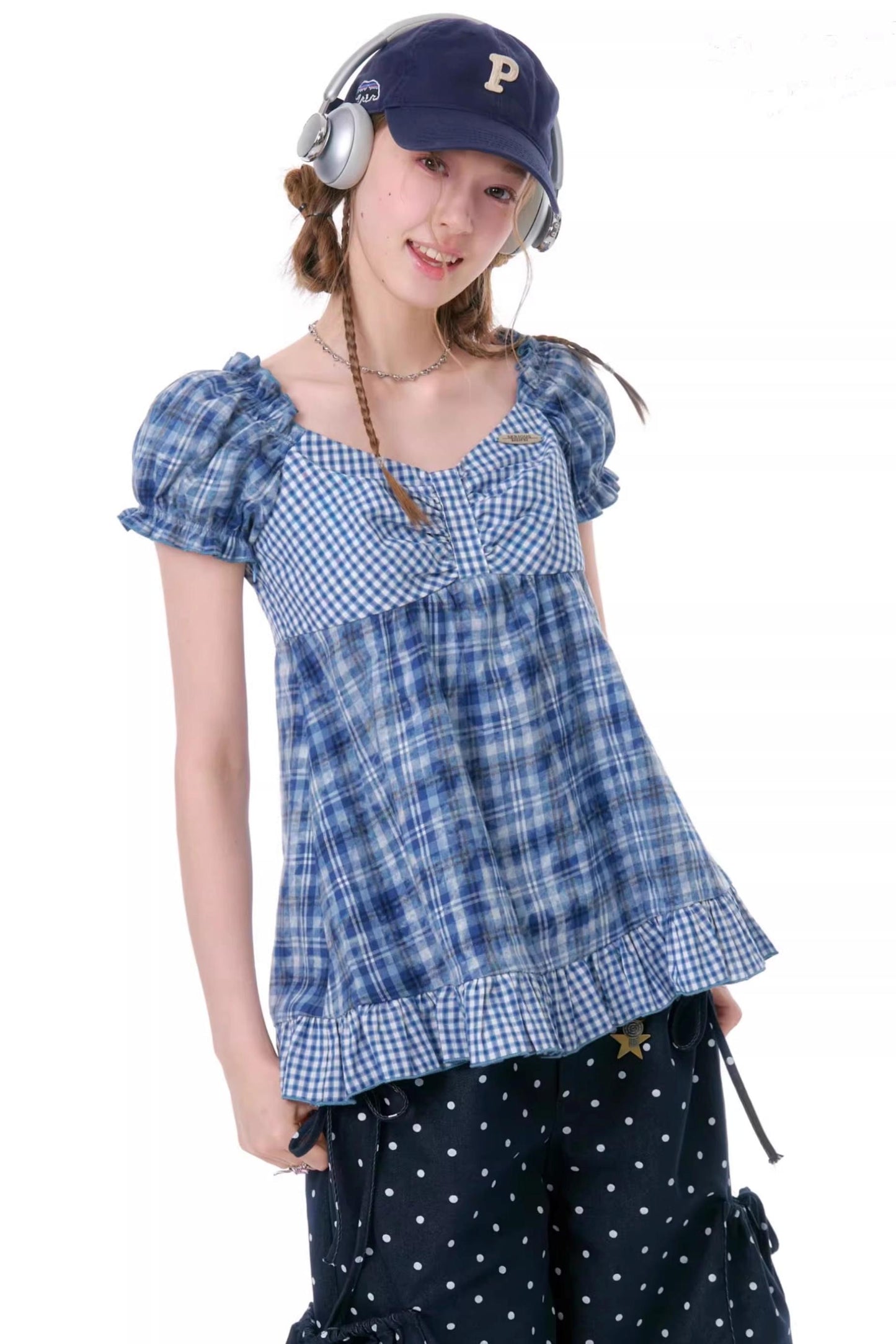 Checkered Plaid Puff Sleeve T-Shirt