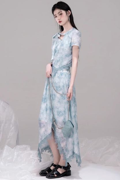 Blue Bow-Collar Shirt & Cutout Skirt Set