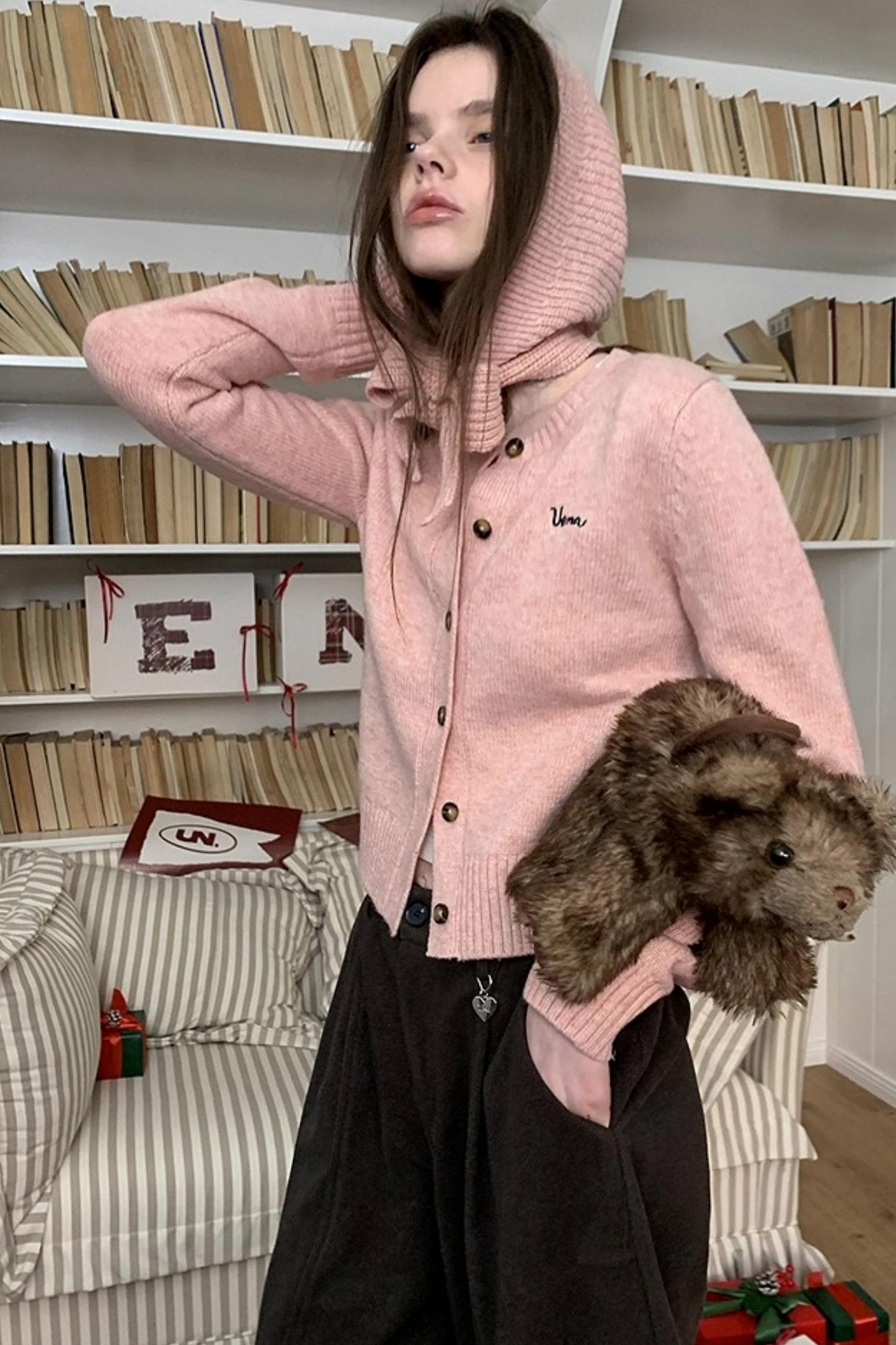 Pink Wool Hooded Cardigan