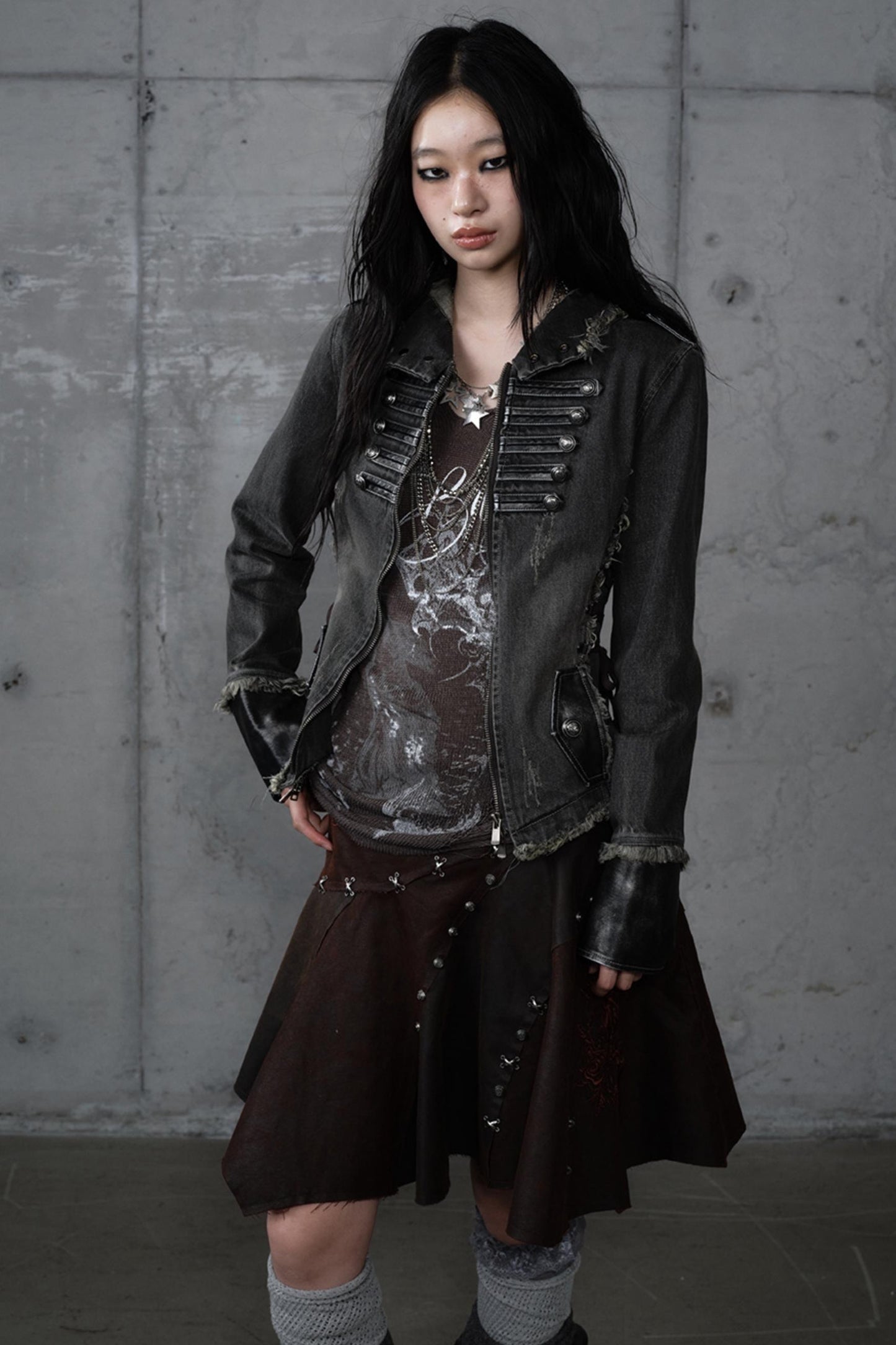 Distressed Denim Slim Fit Hooded Coat