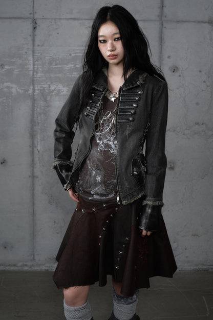 Distressed Denim Slim Fit Hooded Coat