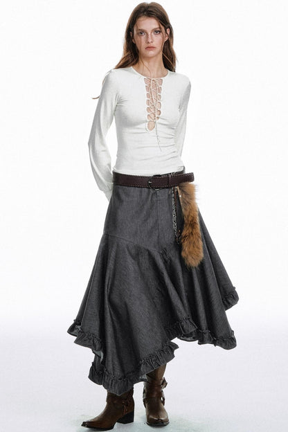 Strap Cut-Out Slim Sleeve T-Shirt