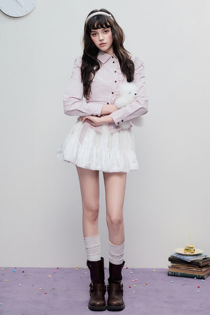 Spring Slim Plaid Ruffle Tie Shirt