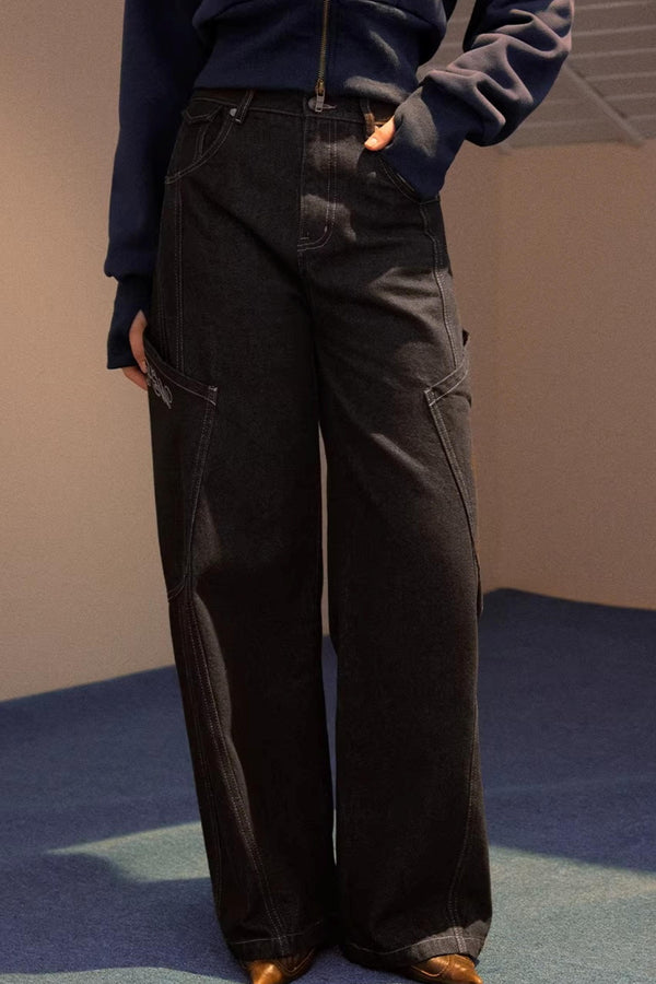 Wide-Leg Diagonal Pocket Jeans