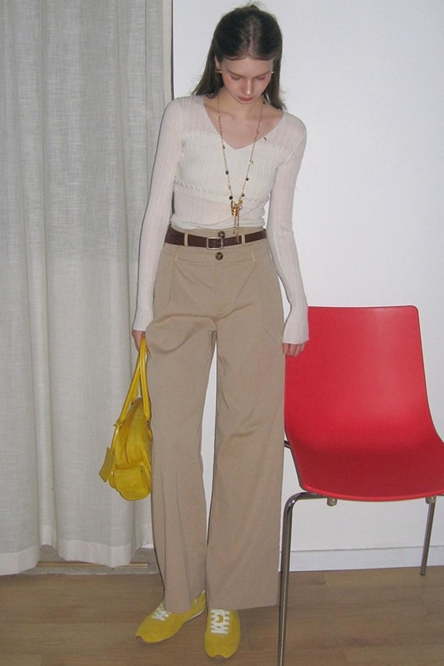 Textured V-neck Wool Knit Slim Top