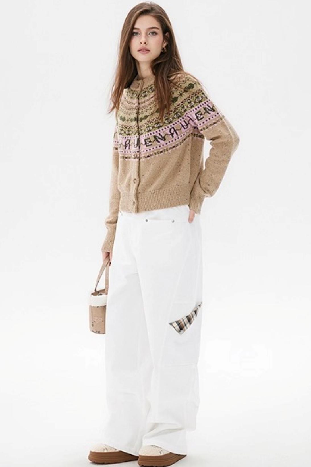 Khaki Fair Isle Wool Cardigan