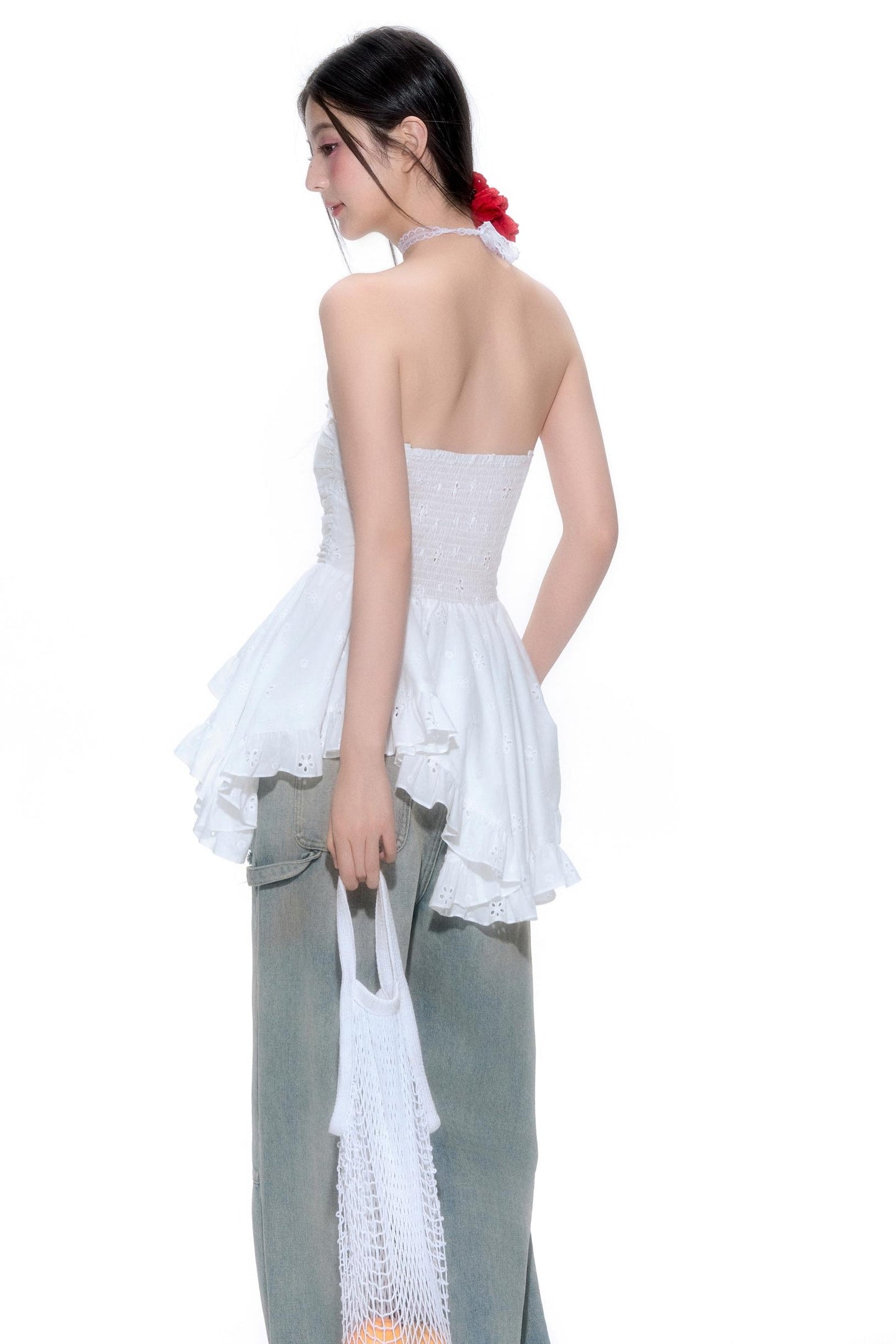 Hollow Lace Halter Top Jeans Set-Up