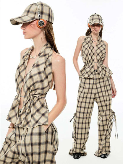 Multilayer Gradient Plaid Halter Backless Tops