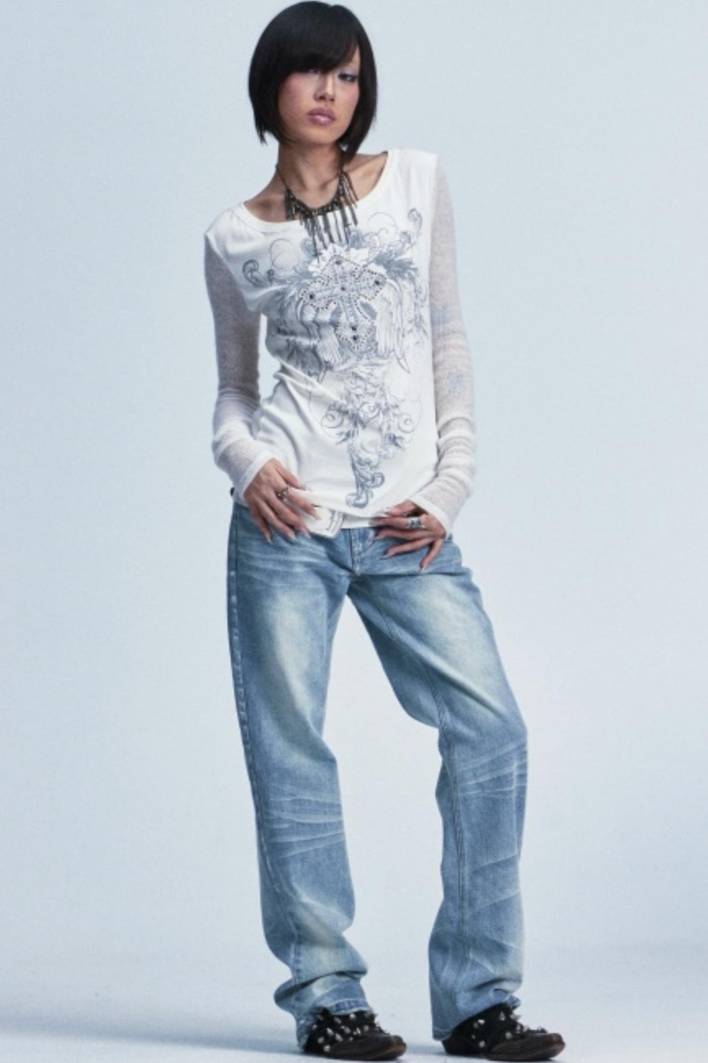 Two-Tone Cross Print Top