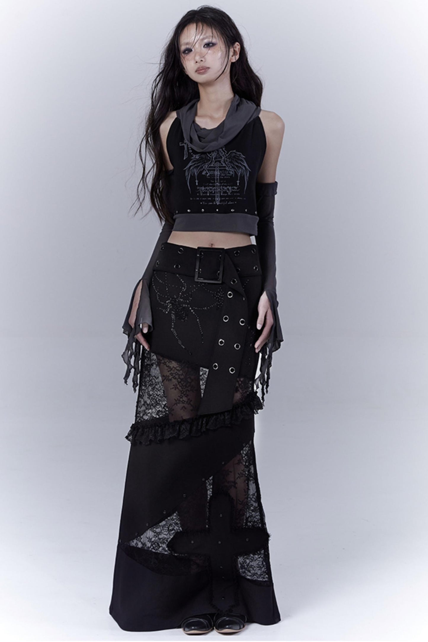 Gothic Elegance Sheer Lace Bustle Skirt