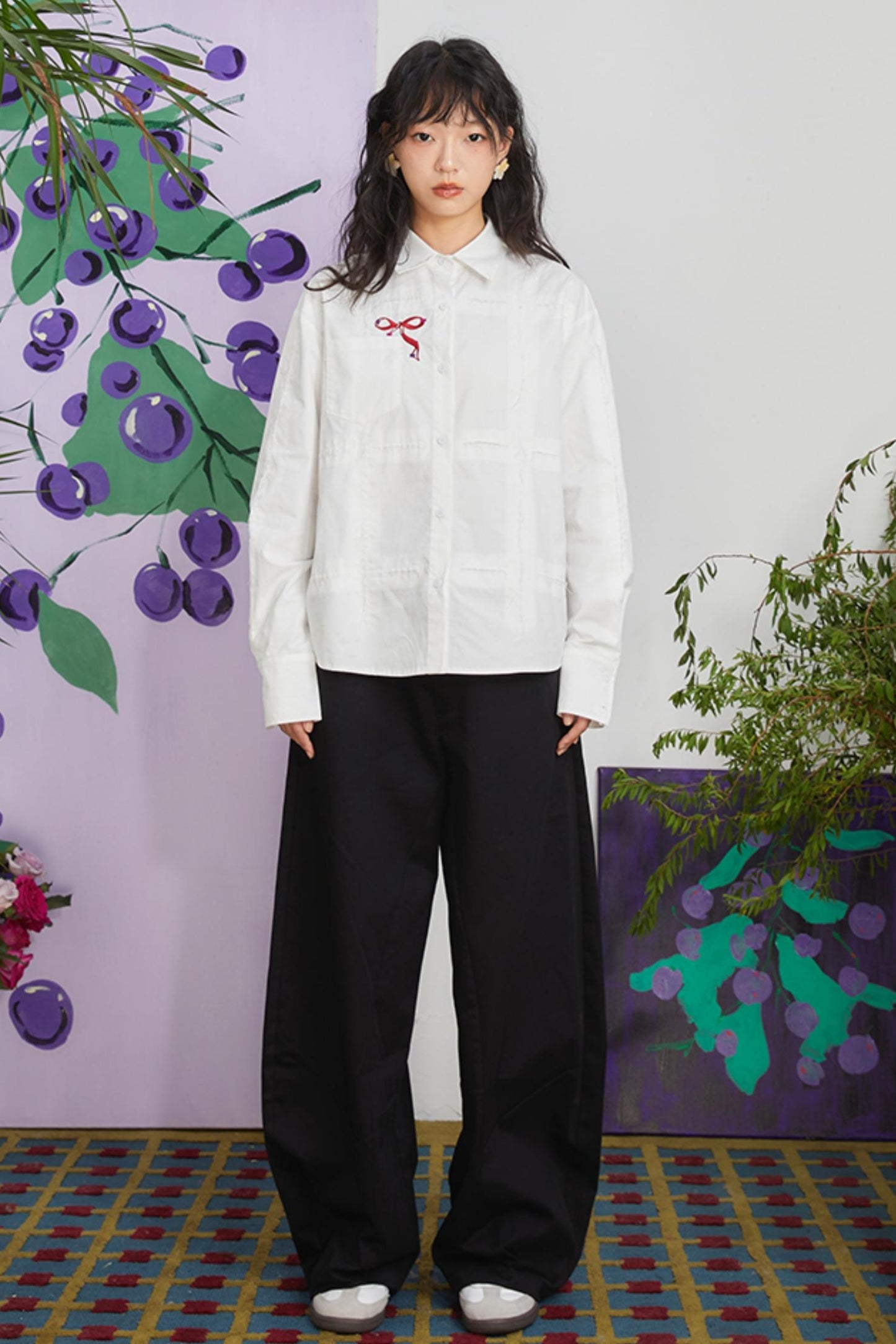 Retro Cherry Blossom Embroidered Pants