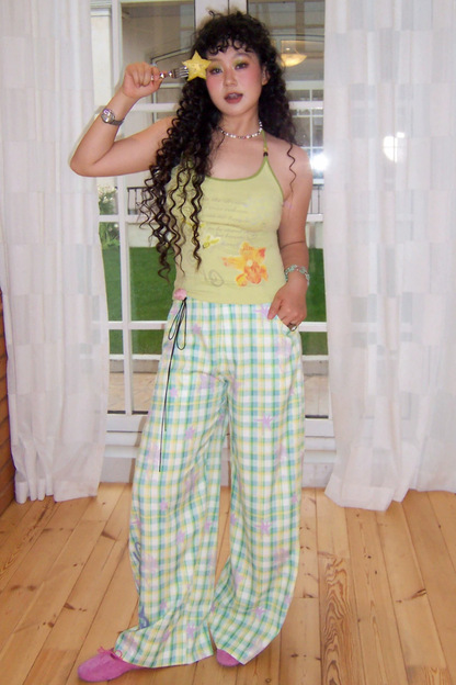 Elastic Plaid Straight-Leg Pants