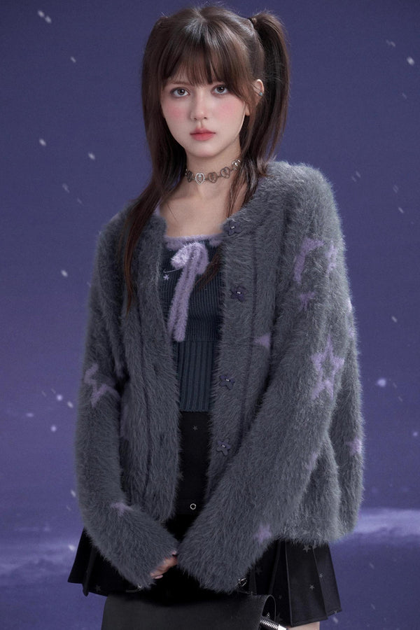 Gray Purple Star Plush Jacket Set-Up