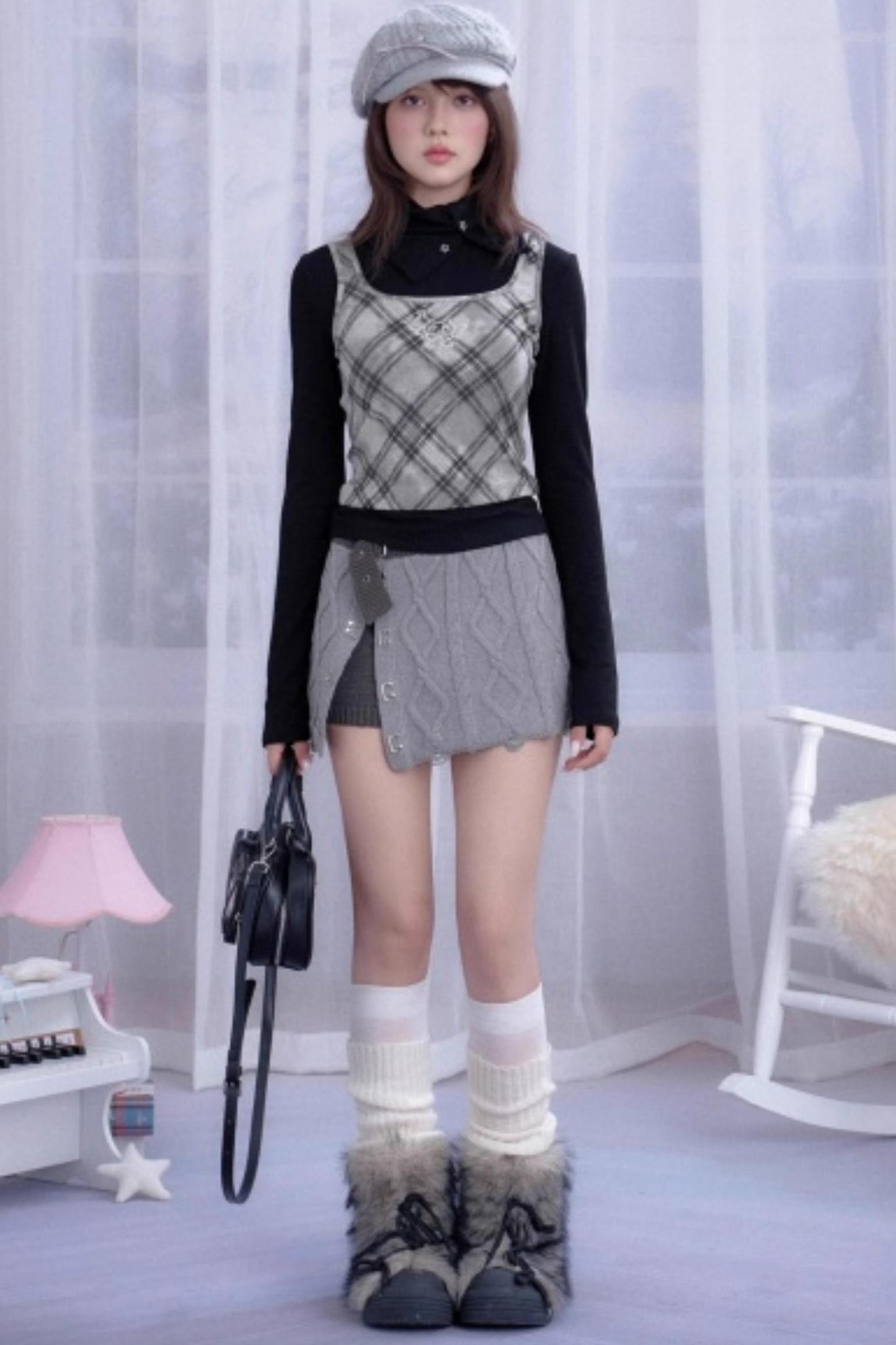 Retro Plaid Turtleneck Fake Two-Piece Top