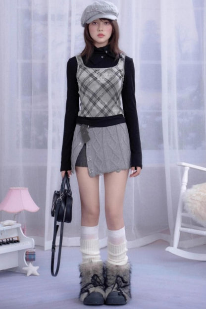 Retro Plaid Turtleneck Fake Two-Piece Top
