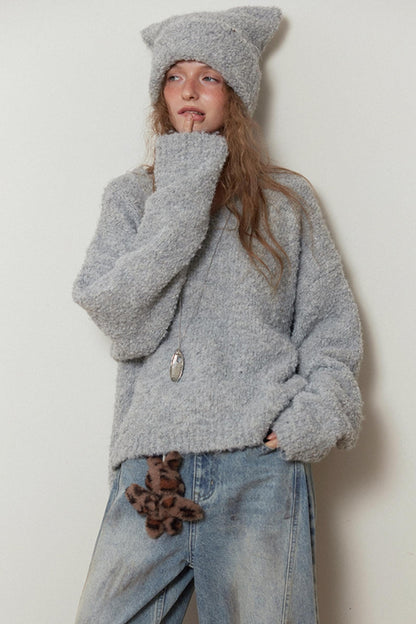 Gray Knit V-Neck Sweater Hat Set