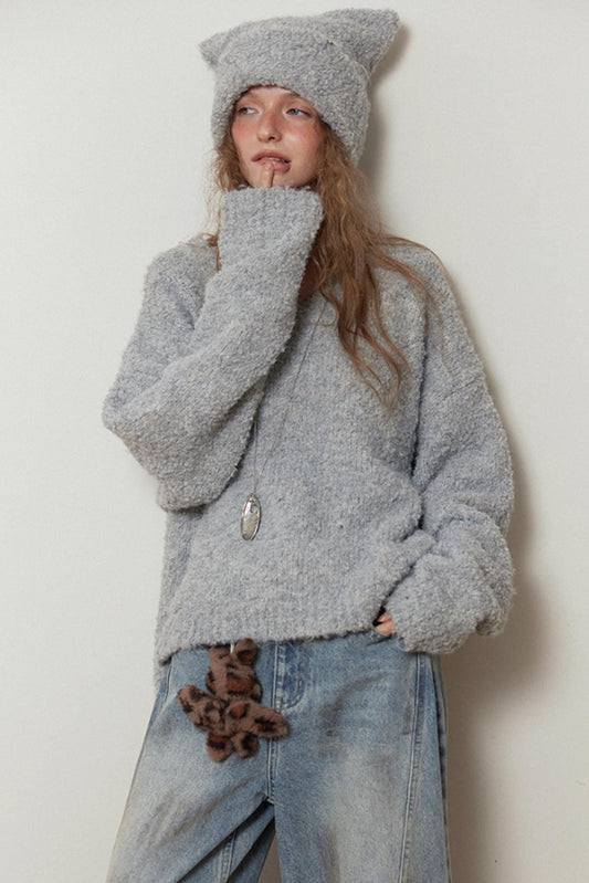 Gray Knit V-Neck Sweater Hat Set