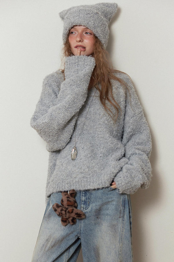 Gray Knit V-Neck Sweater Hat Set