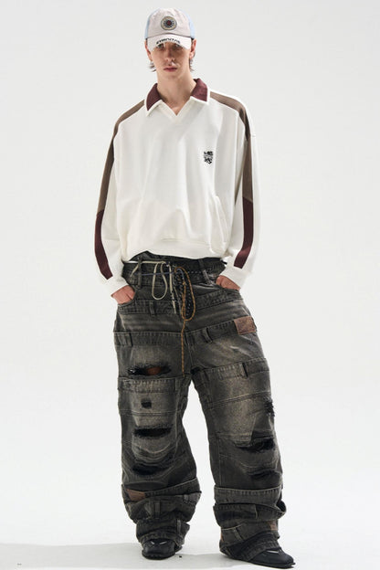 Contrasting Long Sleeve Polo Sweatshirt