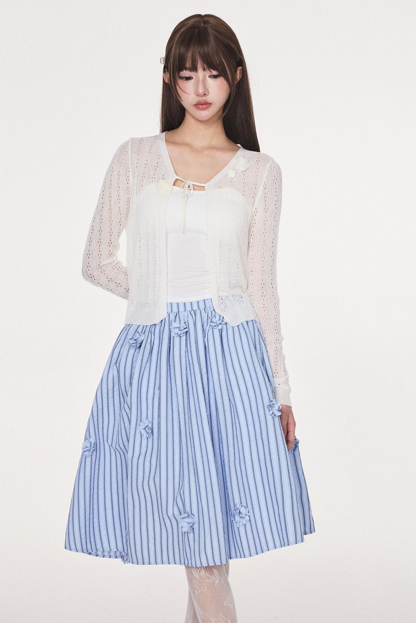 Blue Striped Flower Silhouette Skirt