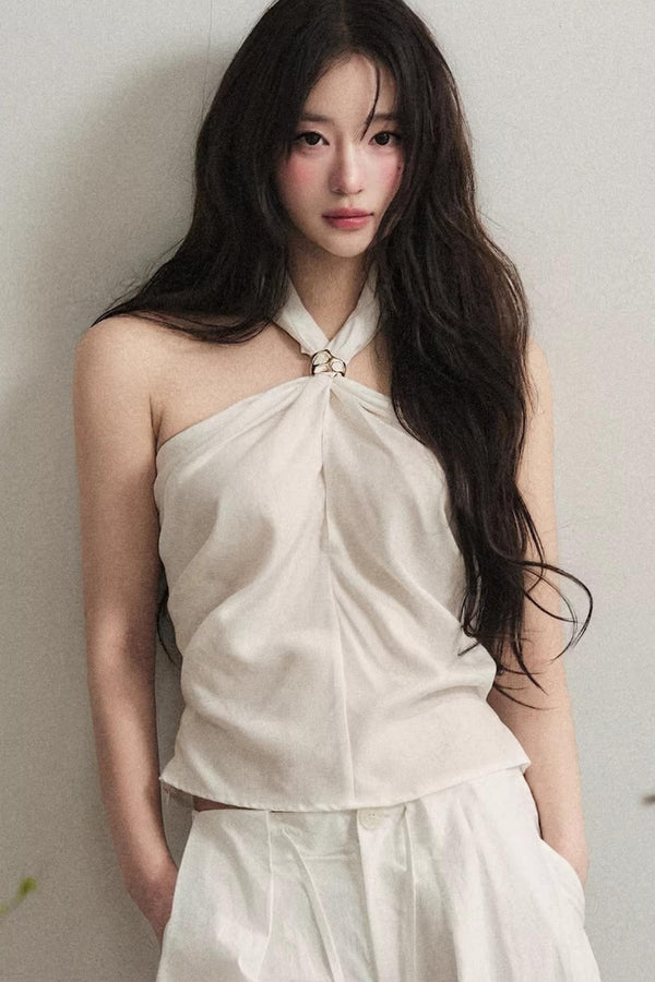 White Tencel Halter Top Matching Set