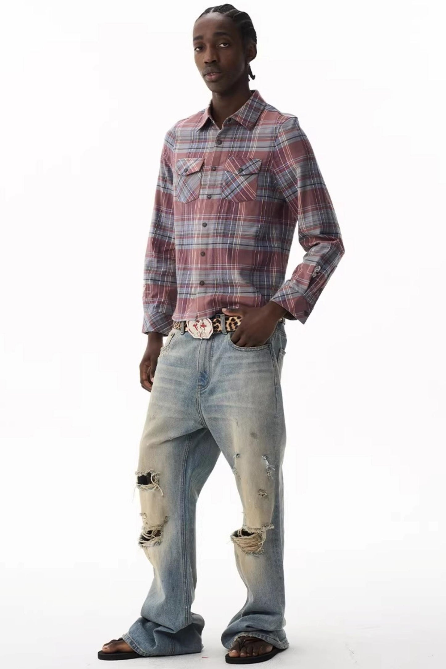 Exitmode Short Plaid Embroidered Shirt