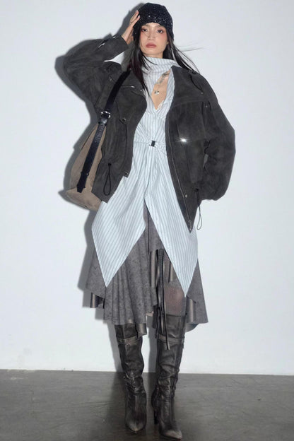 Distressed Matte PU Leather Cargo Jacket