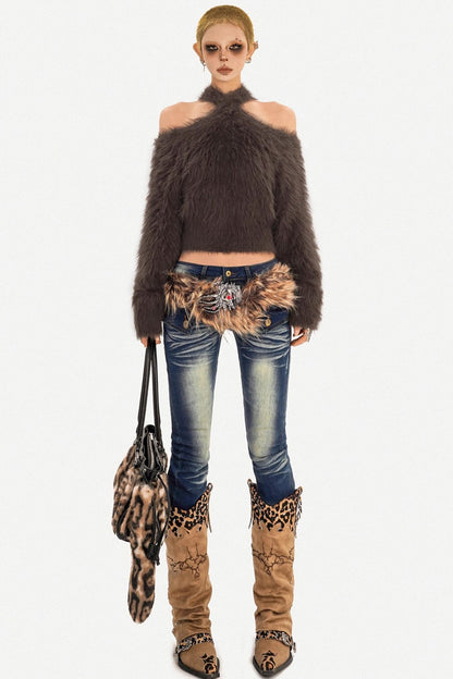 Retro Knit Off-Shoulder Sweater