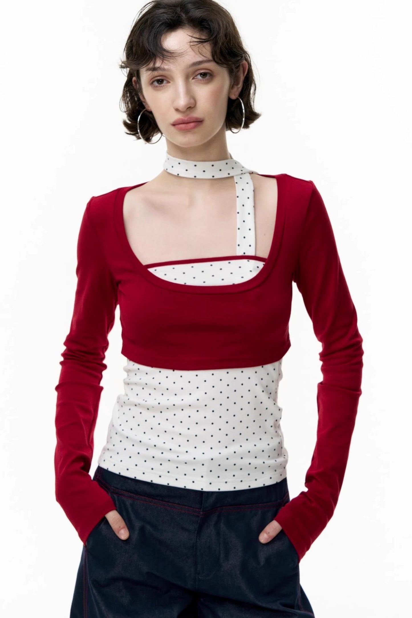 Contrast Long-Sleeved Top With Bandeau Set