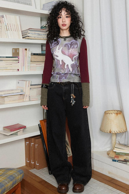 Retro Gray Black Commuter Loose Straight Jeans