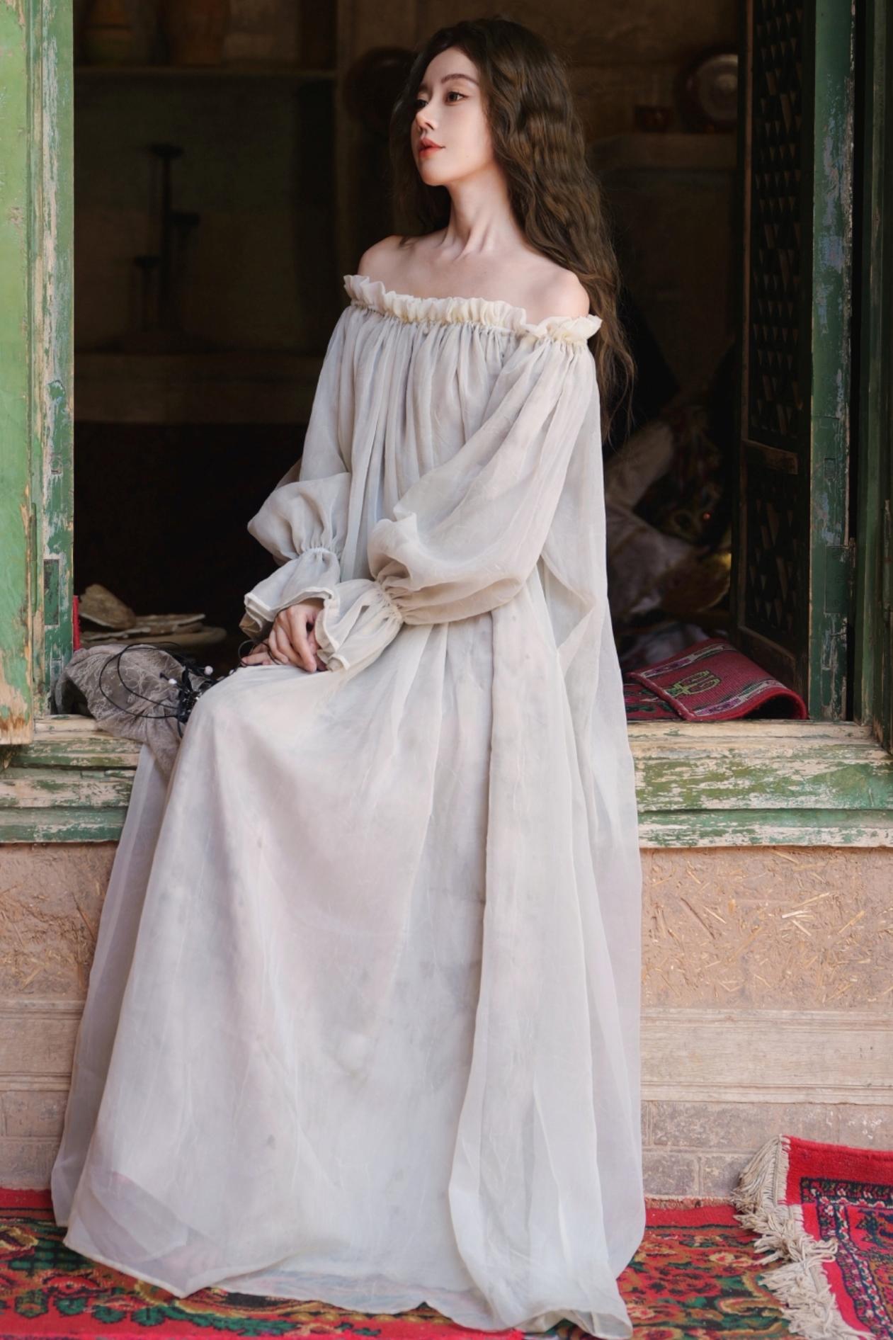 French Romantic Lace Neck Long Dress