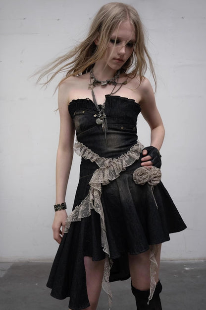 Vintage Black Lace Denim Dress