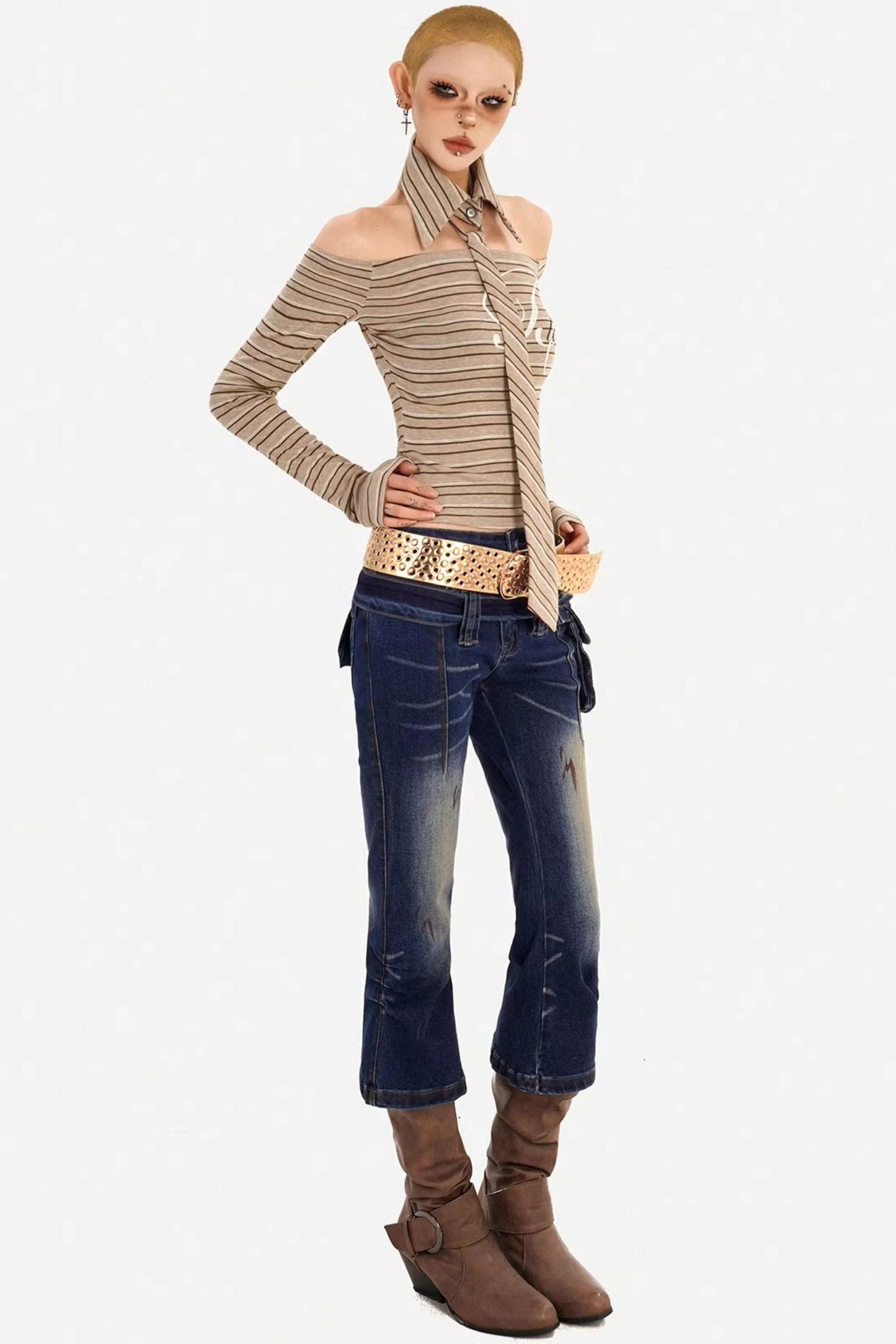 Retro Gestreiftes Off-Shoulder-Top