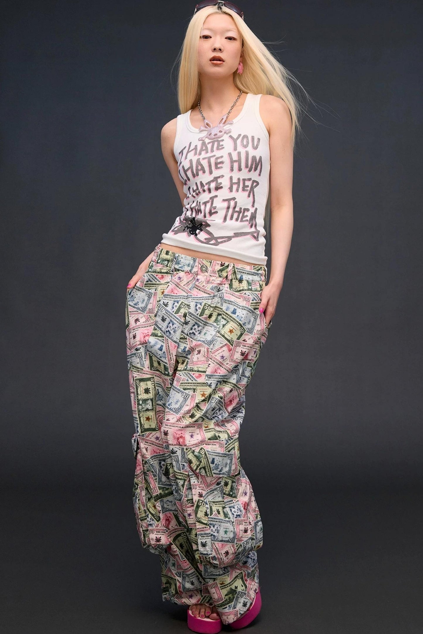 Money Print Wide-Leg Pants