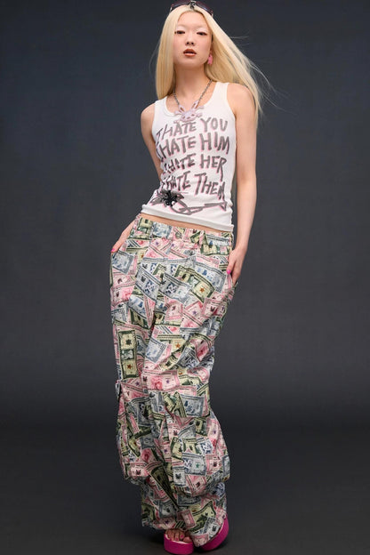 Money Print Wide-Leg Pants