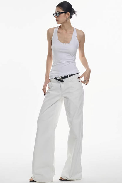 Weiße Mid-Waist Weite Hose